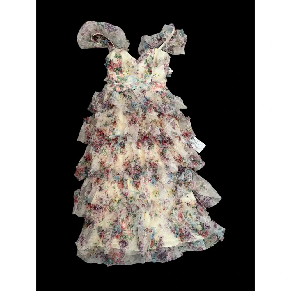 NWT Dress the Population Kristen Ivory Multi Ruffle Tier‎ Midi Dress Sz Small - Picture 6 of 9